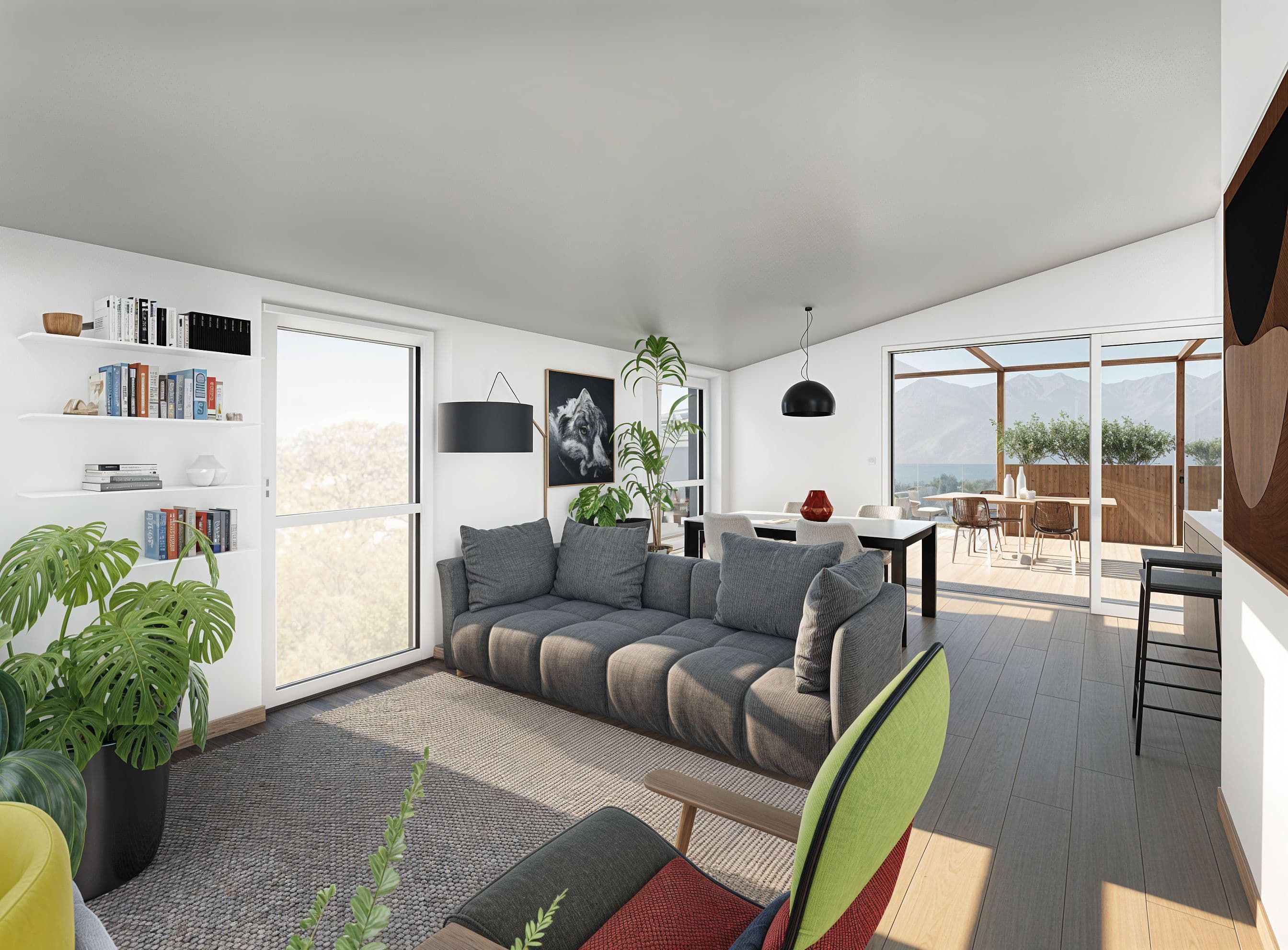 Ampio soggiorno con grandi vetrate